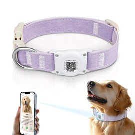 Airtag Dog Collar QR Code - IP68 Waterproof Integrated Air Tag Dog Collar Holder ID Tag - Free Pet Online Profile - Durable Natural Cotton Hemp - Fits for Small Medium Large Dogs (Purple, L)