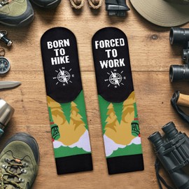 Funny Hunt Socks for Men Women Dad Teenage Boys - BORN TO HIKE FORCED TO WORK Novelty Fun Funky Happy Silly Socks for Hiker - Hiking Equipment Birthday Fathers Day Gift Ideas Christmas Stocking Filler