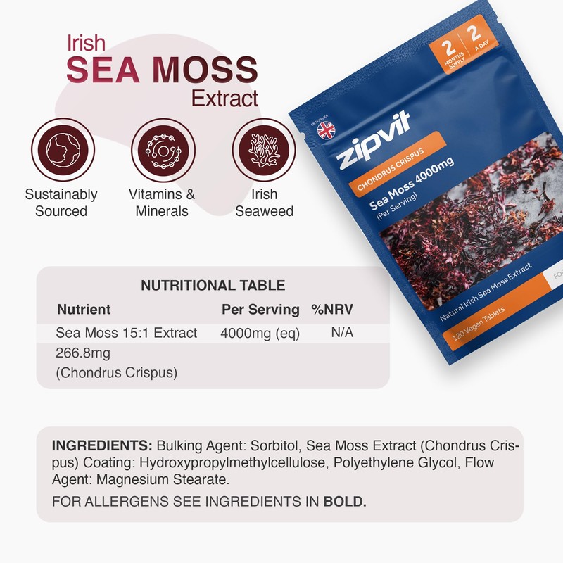 Zipvit Irish Sea Moss Tablets 4000mg, High Strength Seamoss Supplement,