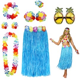 PHOGARY 8-Piece Hawaiian Theme Party Costume Set, Hula Skirt (Colourful), Flower Chain, Flower Bracelets, Flower Bra, Hair Flower, Pineapple Sunglasses for Tikiparty Beach Party Decoration