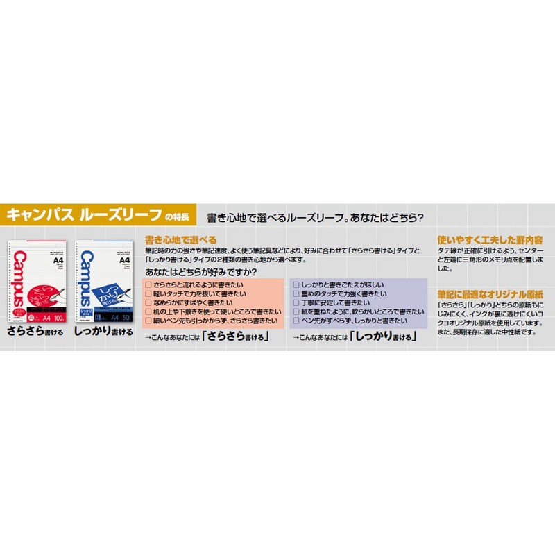 コクヨ Campus ルーズリーフ さらさら書ける 無地 A4 100枚 ノ-827WEN マルチカラー