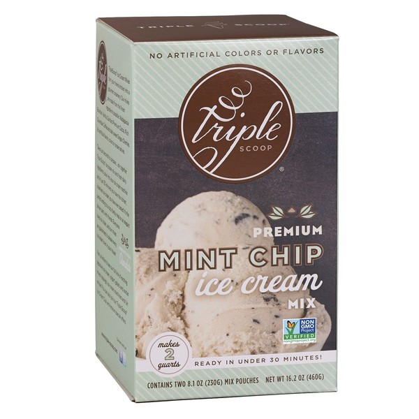 Triple Scoop Ice Cream Mix, Premium Mint Chocolate Chip, starter for use with home ice cream maker, non-gmo, no artificial colors or flavors, ready in under 30 mins, makes 2 qts (1 15oz box)