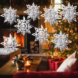 Riceshoot 8 Pcs 12'' Large 3D Paper Snowflake Hanging Ornament Winter Glittery Large Snowflake Decorations Christmas Snowflake Garland for Winter Party Holiday Decoration(Silver)