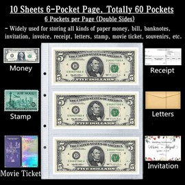 Ettonsun 10 Sheets 60 Pockets Paper Money Collection Pages,Currency Sleeves,Currency Holder Collection Supplies Album Pages for Travel Bill Banknote Stamp Paper Souvenirs Storage