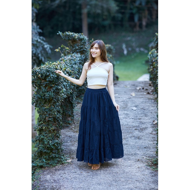 Lannaclothesdesign Falda larga de algodón para mujer con volantes y