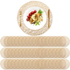 Sieral 60 Packs Gold Round Placemats 15 Inch Hollow Out Pressed Vinyl Place Mats Heat Resistant Woven Gold Placemats for Christmas Dinner Table Winter Holiday Party Wedding Centerpiece Decoration