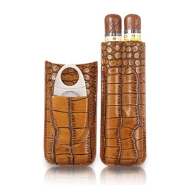 Leather Cigar Case, Cigar Holder for 2 Finger Cigars with Stainless Steel Cutter Set, Cigar Box Portable Gift, Size for Shirt Pocket Golf Travel,Brown