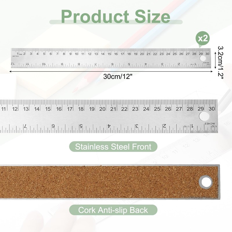 PATIKIL Stainless Steel Ruler Cork Backed, 2Pcs 12 Inch Straight