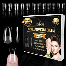 L'Exfose 552 Pieces American Nail Caps - PMMA Hypoallergenic Square Nails for DIY Nail Art & Salons Acrylic American Manicure 12 Sizes Semi Transparent Gel Capsules X