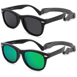 Melpomenia Flexible Bendable Polarized Baby Sunglasses with Strap for Newborn Infant Boys Girls Age 0-24 Months (Matte Black/Grey + Bright Black/Green Mirrored)