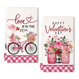 ARKENY Valentines Day Kitchen Towels Set of 2,Pink Flower Vase Happy Valentine's Sign Dish Towels 18x26 Inch Drying Dishcloth,Farmhouse Home Wedding Decoration AD168