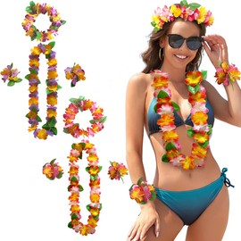 ZILZUFA 8 Stücke Hawaii Kostüm Zubehör, Hawaii Blumenketten, Hawaii Kette Blumen Girlanden, Bunte Hawaiiketten mit Hawaiianische Plumeria Haarreif für Hawaiian Party Strand Dekorationen Zubehör (A)
