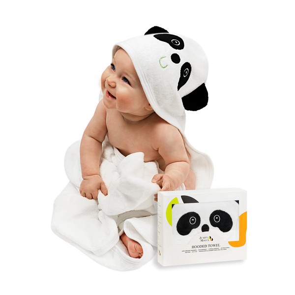 JM Organic Bamboo Hooded Baby Towel for Kids & Babies - 35"x35", Hypoallergenic, Absorbent - Perfect Baby Gift, Newborn Essentials with Washcloth & Laundry Bag - Panda