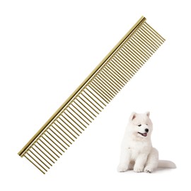Beaface Dog Comb, Pet Grooming Comb Stainless Steel Dog Combs, Rounded Teeth Pet Combs for Large Medium and Small Dogs and Cats 19 x 3.5 cm (Gold)