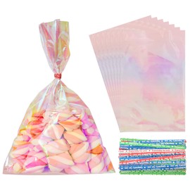 Ximalun 200Pcs Iridescent Cellophane Treat Bags,6x9 inch Holographic Goodie Bags with Ties Iridescent Cellophane Bags Clear Gift Bags Holographic Party Favors Bags for Candy Party Favors Small Gifts