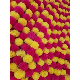 5 Pc Marigold Garland 5 Ft Long Strands of Artificial Marigold Flowers Diwali Decorations Home Indian Décor for Pooja Wedding Spring Bush Floral Faux Garland Día de Muertos Décor (Magenta+Yellow)