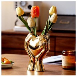 Jarrón de cerámica dorado de 8 pulgadas, diseño de corazón a mano, diseño único y moderno, para sala de estar, recámara, oficina, cocina, mesa de centro o estante, regalos para bodas, despedidas de