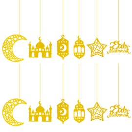 Ramadan Decorations, Eid Mubarak Decorations 12PCS Gold Glitter Star Moon Lantern Streamer Eid Garlands Ramadan Hangings for Home Reusable Kareem Islamic Muslim Ceiling Hanging Decorations A9JSYLJDS