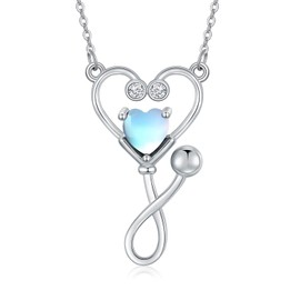 NIGHTGEMS Stethoscope Necklace 925 Sterling Silver Moonstone Stethoscope Pendant Jewelry for Nurse Medical Student Doctor