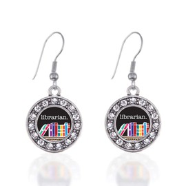 Inspired Silver - Librarian - Silver Dangle Earrings for Women - Circle Charm Earrings French Hook Drop with Cubic Zirconia - Women's Dangly Earrings Jewelry Gift