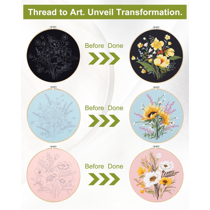 Santune 3 Pack Flower Embroidery Kit for Beginners Adults Cross