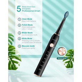 Teeth & Gums Care Electric Toothbrush, IPX7 Waterproof Sonicare 38000VPM, Fast Charge Long Last with Intelligent Time Reminder 5 Optional Modes Dupont Brush Heads, Travel, Indoor, Outdoor, Black