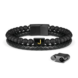 Mens Leather Beaded Bracelets, Matte Agate Beaded Bracelets for Men Black Leather Bracelets for Mens Bracelets Beads Stress Relief Anxiety Bracelet Letter J Initial Bracelet for Mens Jewelry Gifts