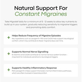 VitaLab Migralief Migraine & Head Tension Relief | Levagen®+, CoQ10, Vitamins B3 B6 B12 & Linseed Oil with Damask Rose Oil | Neuro Anti-Inflammatory Supplement | 30 Capsules