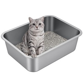 Stainless Steel Litter Box with High Sided, Metal Cat Litter Box, Odor-Free, Non-Stick Litterbox Pan, Easy to Clean Pet Supplies Toilet Tray for Indoor Cats, Kittens or Multicat Homes