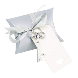 Makhry 50 Pieces Small Vintage Key Bottle Opener Wedding Key Skeleton Key Bottle Opener Wedding Favours Set with Pillow Boxes, Ribbon and Label (Antique Silver)