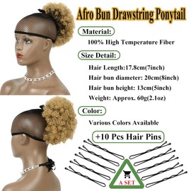 SAISIFEN Afro Puff Drawstring Ponytail with Clip on for Black Women Bun Afro Curly Hair Pieces with 10 pcs Hair Pins (Diameter 8 Inch, #2 Dark Brown)