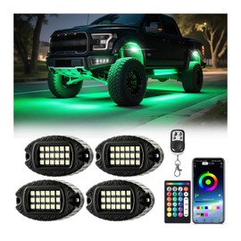 4 Pods Alloy RGBW Rock Lights，LED Pure white underglow lights for ATV UTV Golf Cart RZR Truck Offroad SUV Cars, IP68 Waterproof Metal Multicolor Neon Underglow Kit with APP/RF Remote Music Mode,12Volt