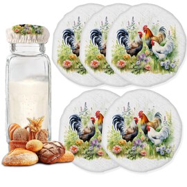 Sourdough Starter Jar Covers for Mason Jars, 5Pack Hens Farmhouse Reusable Linen Sourdough Proofing Cloth for 3-4 Inch Jar Mouth Baking Supplies