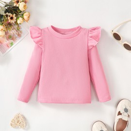 OPAWO Toddler Girl Shirts Ruffle Long Sleeve Baby Tee Tops, Ribbed Toddler Girl Blouse, Fall Baby Girl Clothes 2-Pack 12M-4T(Purple/Pink, 6Years)