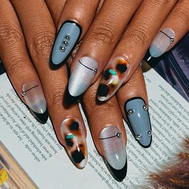 Sethexy 30Pcs Black French Tip Press on Nail Short Almond Leopard Print False Nail Cat Eye Glossy Fake Nails Reusable Acrylic Stick on Nails for Women and Girls