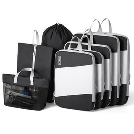 Packing Cubes for Travel, DIMJ Large Capacity Compression Packing Cubes Sturdy Compression Packing Cubes Travel, Packing Cubes for Suitcases with Mesh Toiletry Bag, 8 Pack, White and Black