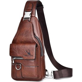 Sling Bag for Men,PU Leather Chest Bag,  Bag,Casual Lightweight Bag,Crossbody bag for Hiking,Cycling - Color: Dark Brown