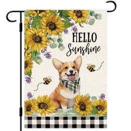 DLZDN Hello Sunshine Sunflower Garden Flag Corgi Dog Garden Flag 12×18 Inch Double Side Vertical Burlap Farmhouse Yard Flag Spring Summer Seasonal Outdoor House Decoration