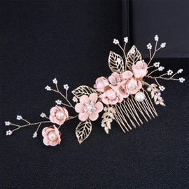 Priaora 4 pcs Gold Flower Pearl Hair Comb Crystal Hairpins Bridal Headpieces Wedding Hair Accessories for Women for Girls Wedding Hairstyles Pink Flower (K193-4)