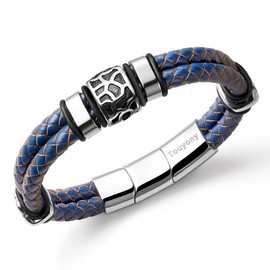 Touyony Leather Bracelet for Men Navy Blue Double Row Leather Braided Stainless Steel Bangle Wristband Jewelry Accessories Men Gift for Husband Dad Son (Navy -Medium-7.8In.)