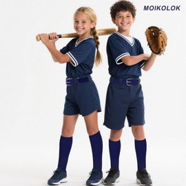 Moikolok Age 5-7 Navy Blue Baseball Socks and Belt Combo Set Softball Socks and Elastic Waist Belt for Boys Girls