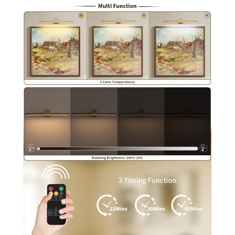 Pasoar Brass Battery Operated Picture Light with Remote,Wireless Gallery Lights