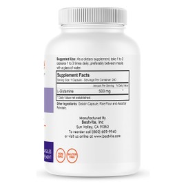 BESTVITE L-Glutamine 500mg per Capsule (240 Capsules) - No Dicalcium Phosphate - No Stearates - Non GMO - Gluten Free - Gut Health Support