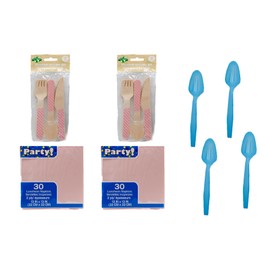 Pink Heavy Duty Disposable Cutlery and Napkins, 24 Pieces of Eco-Friendly Wooden Cutlery Plus Two 30 Count Napkin Packs Includes 4 Magic Colour Changing Mood Spoons!