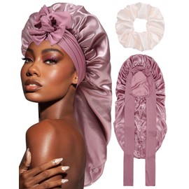 Coubeau Lange Schlafmütze Satin bonnet - Seidenhaube zum Schlafen Nacht Schlaf Mütze Verstellbare Schlafkappe Kopfbedeckung Weiche Kopfhaube Schlafhaube Seide mit Gummizug für Damen und Mädchen
