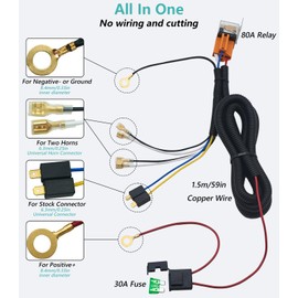 NEOGET Horn Wiring Harness 12V Relay Kit for Motorcycle Car Truck Modification,Horn 1 to 2 Splitter Converter with Relay(SPST 80A 4Pin 2 Horns Wiring Harness)