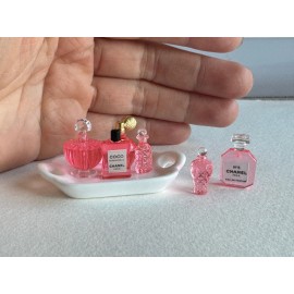 USAminiature 7 pcs 1:12 dollhouse miniature cologne perfume bottles with tray set - Pink