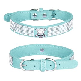 Haoyueer Rhinestone Dog Collar, Cute Dazzling Sparkling Soft Suede Leather Dog Cat Rhinestone Collar Crystal Diamond Pet Dog Puppy Collar (S, Blue-5)