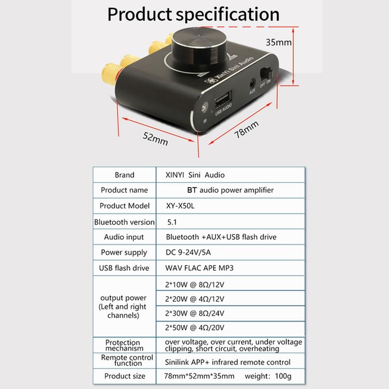 ERYUE 50W + 50W BT 5.1 Audio Power Amplifier Portable
