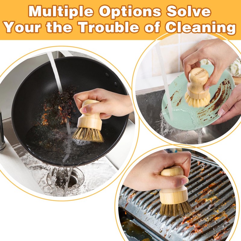 VALENTISE Bamboo Dish Brush Set, 3 Pcs Wooden Scrubber, Brass